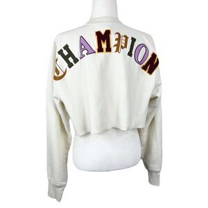 Champion Sweater Women Small Cream Reverse Weave Pullover Cropped Spellout